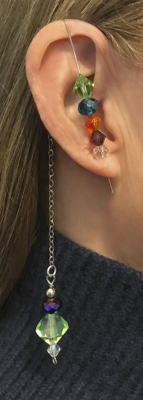 Nancy Chase's Ear Candy Ear Pin - Optional detachable chain drop for ear pin., Contemporary Wire Jewelry, Loops, Wire Loop, Wrapped Wire Loop, Beads, Pass one ring through one end of the chain,